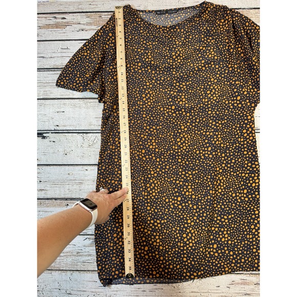 Zara‎ Womens Short Dress Large Black Brown Loose Fit Short Sleeve Polka Dot - Picture 2 of 5